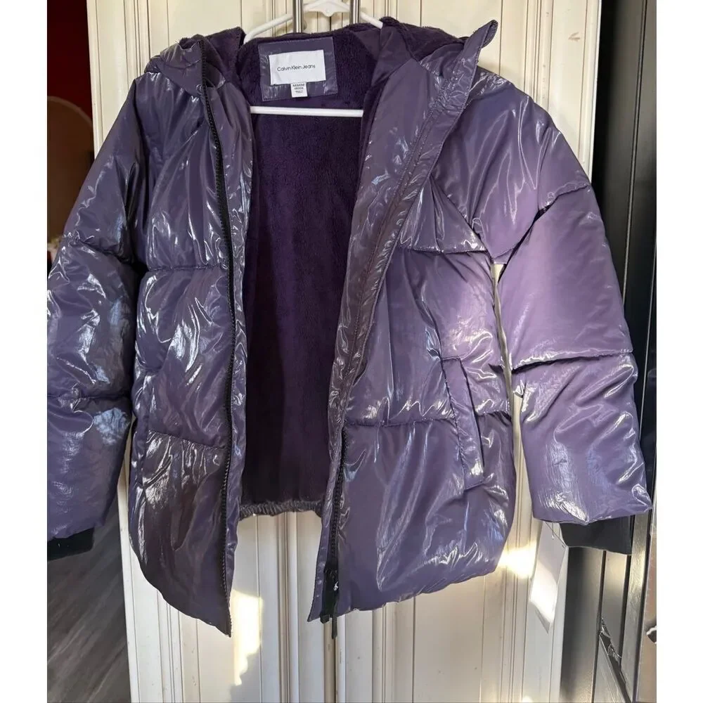 Calvin Klein Girls Plush Lined Liquid Shine Puffer Jacket Purple Medium NWT